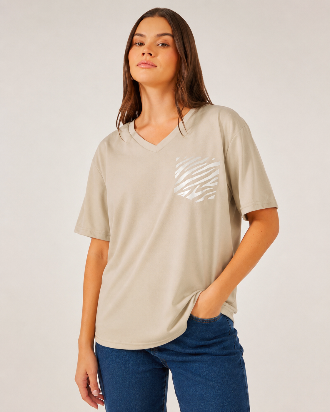 SHEIN Fast Delivery in 5 Days Beige Zebra Pocket V-Neck T-Shirt