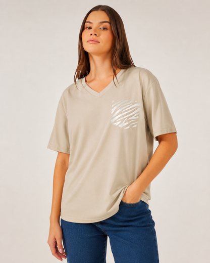 SHEIN Fast Delivery in 5 Days Beige Zebra Pocket V-Neck T-Shirt