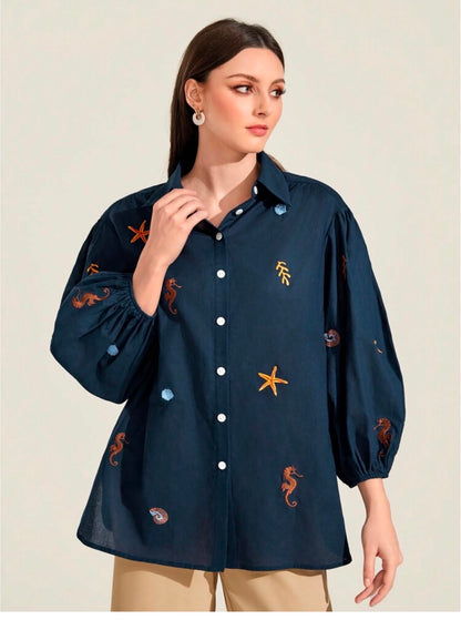 Women’s Navy Embroidered Shirt – Long Sleeve Sea Motif Button-Up Blouse