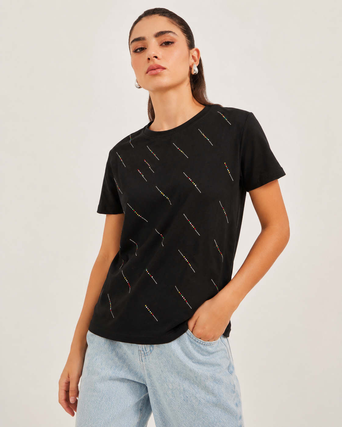 SHEIN Fast Delivery in 5 Days Black Diagonal Dotted Print T-Shirt