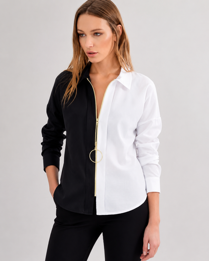 Trendyol Fast Delivery Black & White Color Block Shirt – Zipper Front Casual Blouse