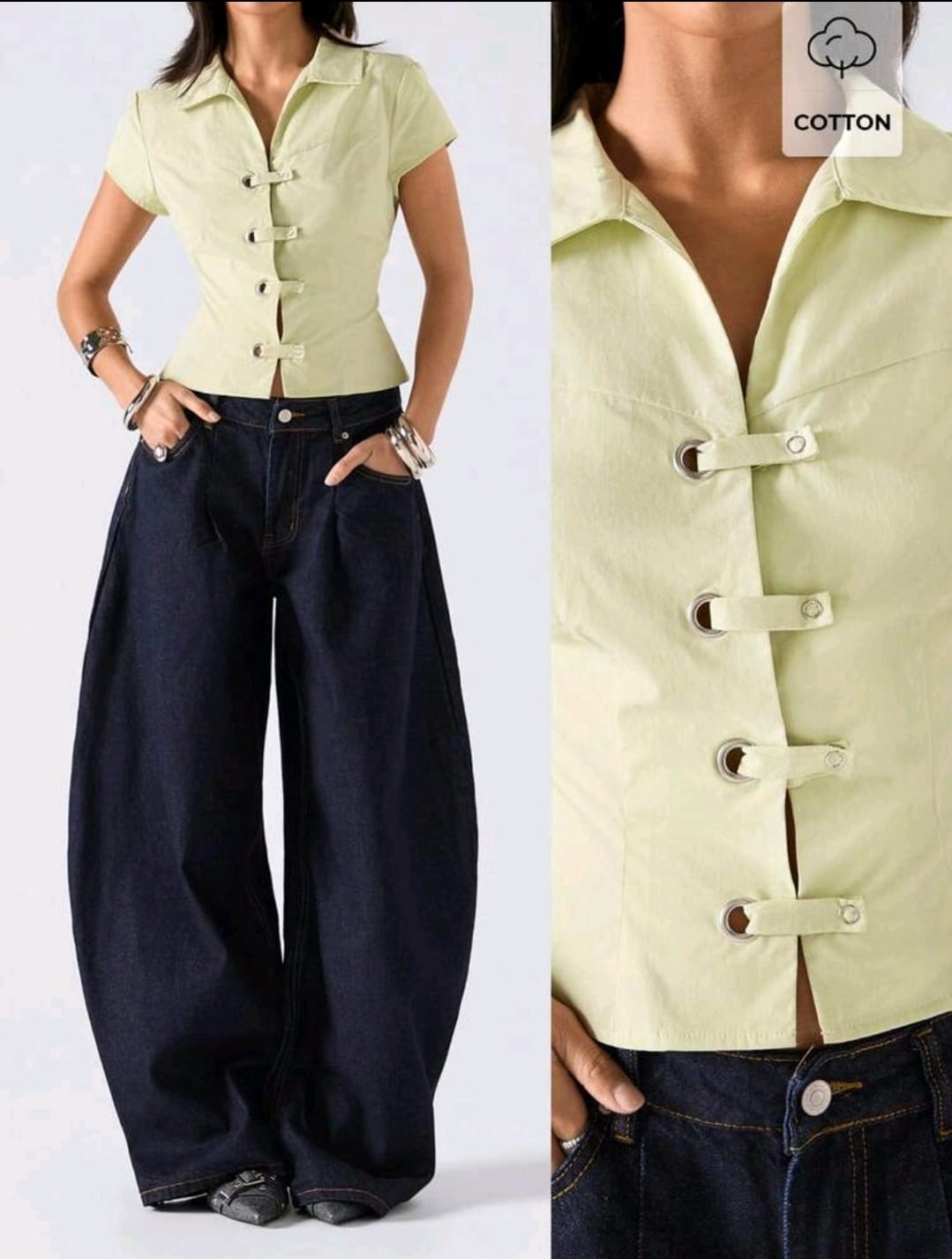 SHEIN Women Light Green Buckle Front Short Sleeve Top