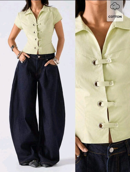 SHEIN Women Light Green Buckle Front Short Sleeve Top