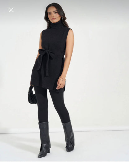 Black Sleeveless Turtleneck Knit Tunic – Belted Longline Sweater Top – Chic Winter Layering Top for Women