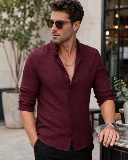 Men’s Burgundy Long Sleeve Button Up Shirt – Casual Slim Fit Collared Shirt