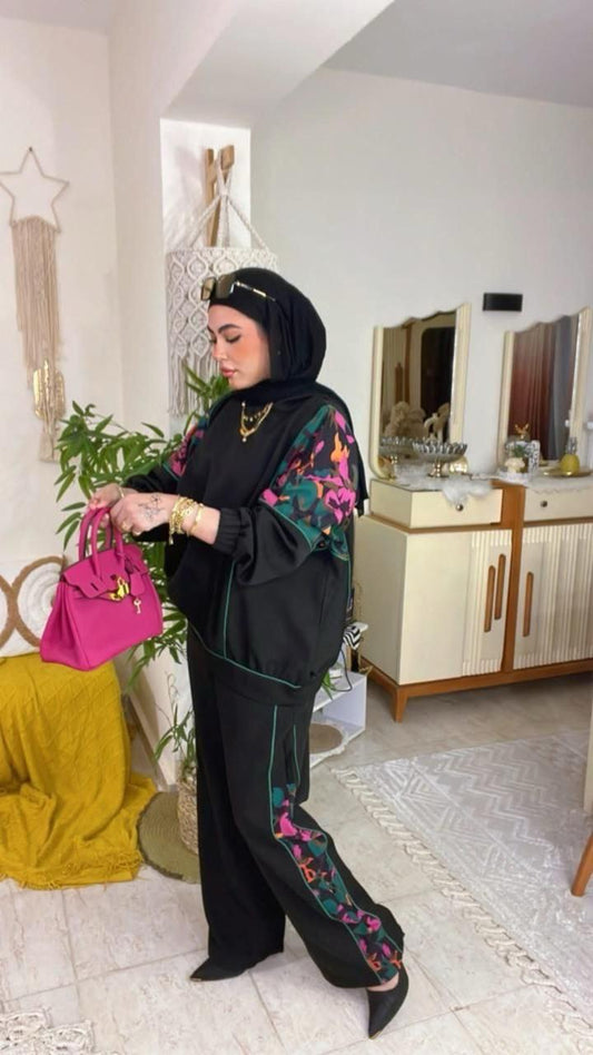 Modest Floral Trim Two Piece Set – Oversized Sweatshirt & Wide Leg Pants Outfit