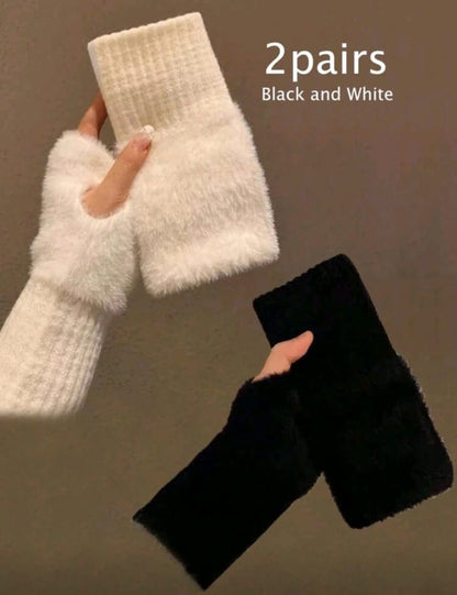 Black and White 2 Pairs Plush Fingerless Gloves for Women