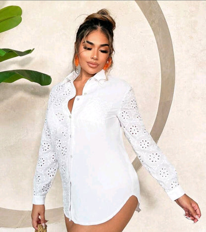 White Eyelet Sleeve Button-Up Shirt for Women
