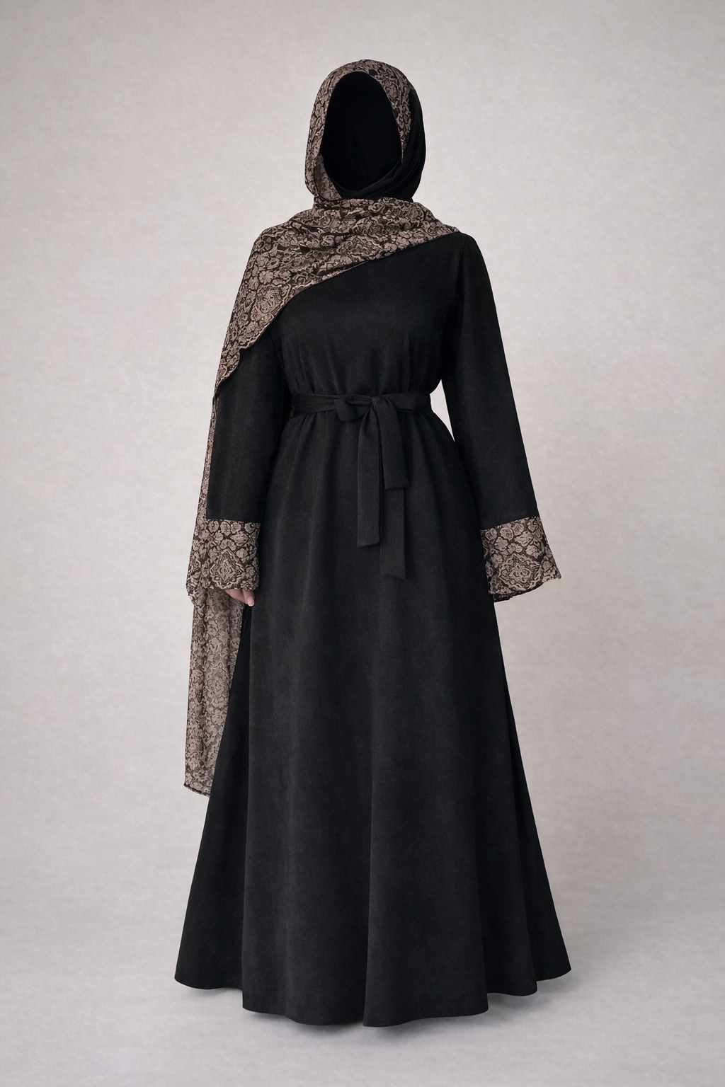 Women’s Black Elegant Abaya Dress with Printed Shawl & Waist Belt – Modest Islamic Maxi Dress