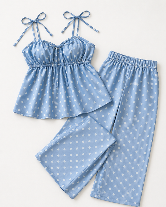 Women’s Blue Polka Dot Cami Top and Wide Leg Pants Set