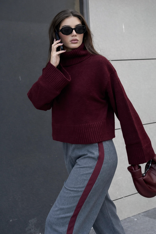 Burgundy Oversized Turtleneck Sweater – Cropped Knit – SHEIN Fast Delivery 5 Days
