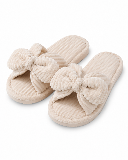 Women’s Beige Ribbed House Slippers – Soft Open Toe Indoor Slippers with Oversized Bow