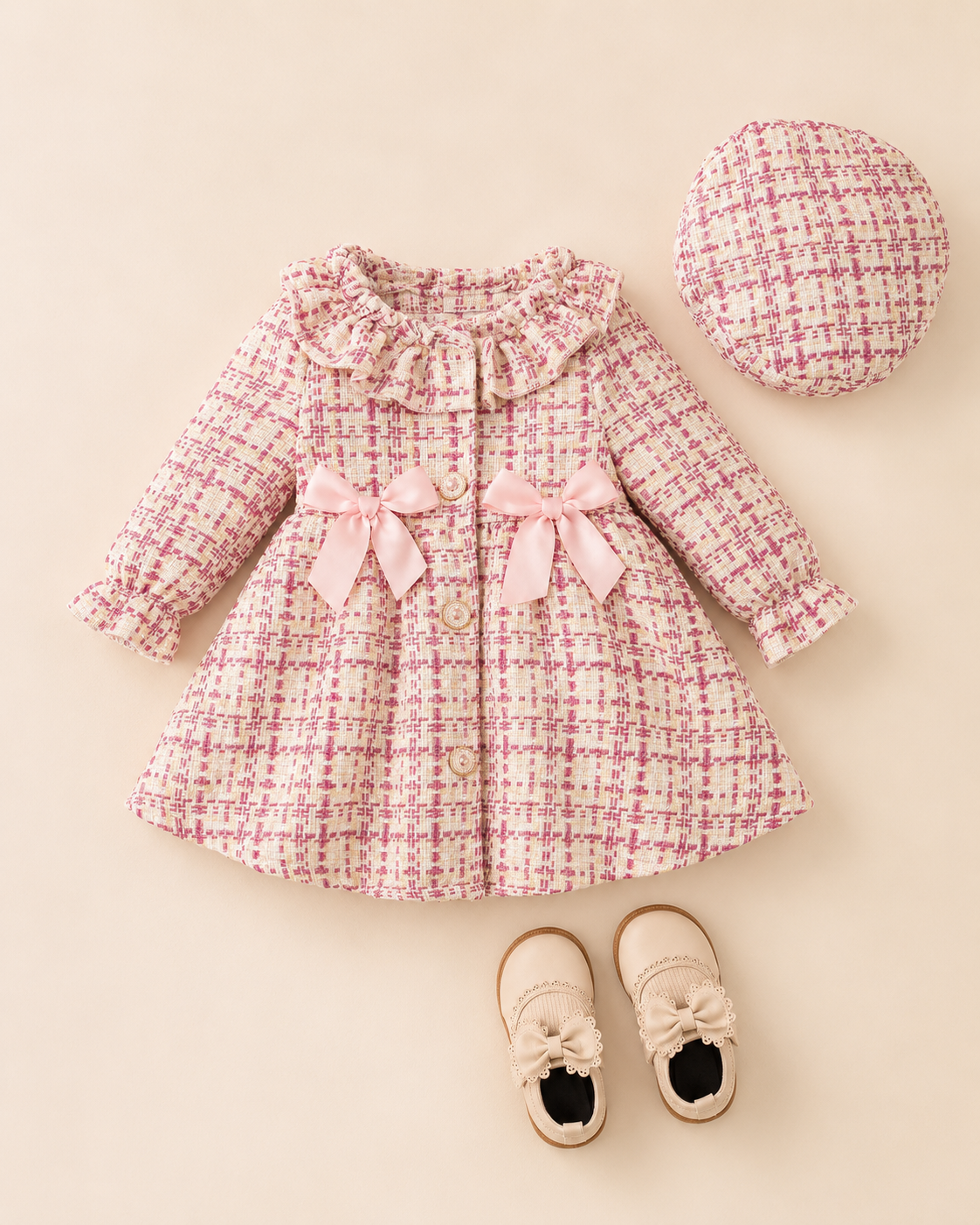 SHEIN Baby Girls Pink Tweed Bow Coat Dress & Beret Set