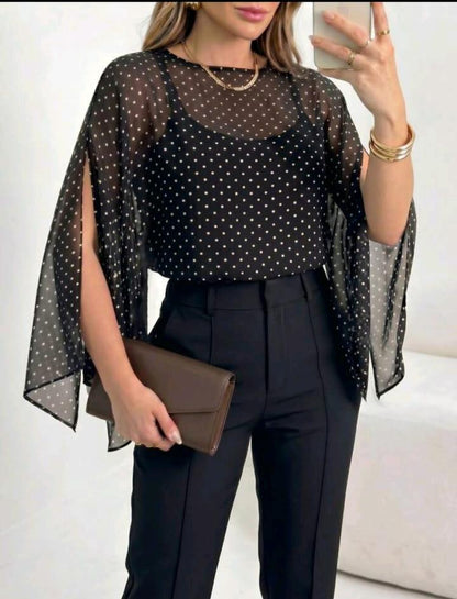 SHEIN Fast Delivery Black Polka Dot Sheer Cape Blouse