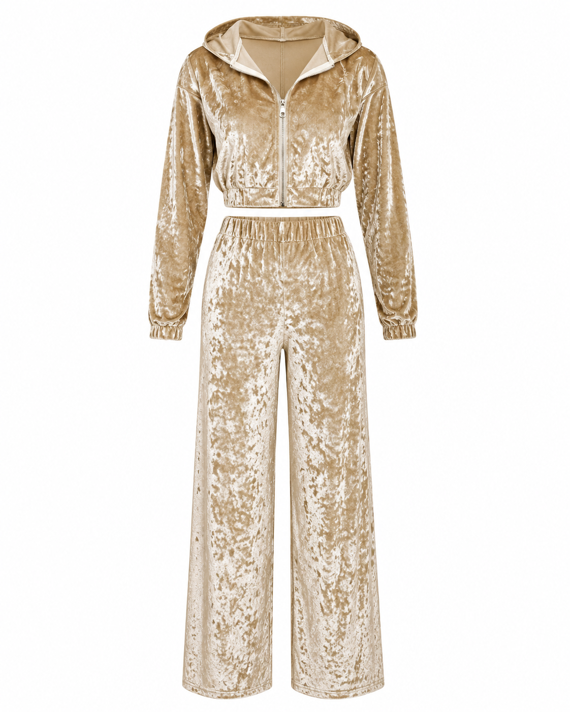 Women’s Champagne Velvet Hooded Two Piece Set – Long Sleeve Crop Jacket & Wide Leg Pants Outfit