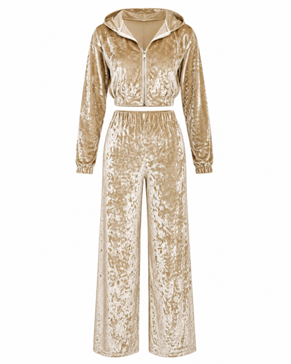 Women’s Champagne Velvet Hooded Two Piece Set – Long Sleeve Crop Jacket & Wide Leg Pants Outfit