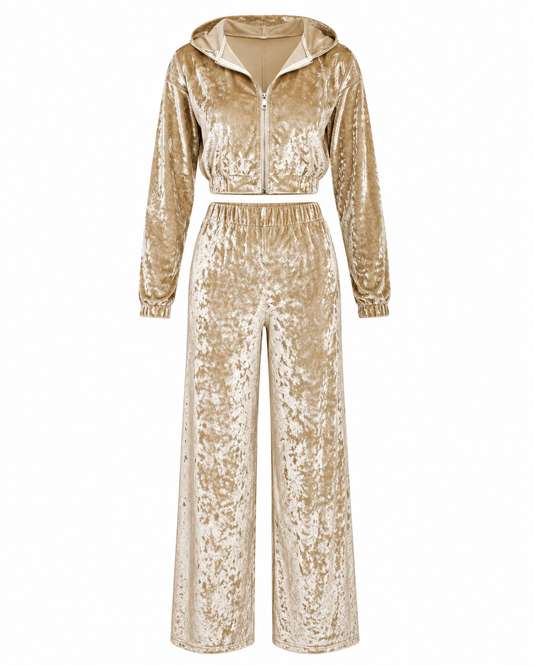 Women’s Champagne Velvet Hooded Two Piece Set – Long Sleeve Crop Jacket & Wide Leg Pants Outfit