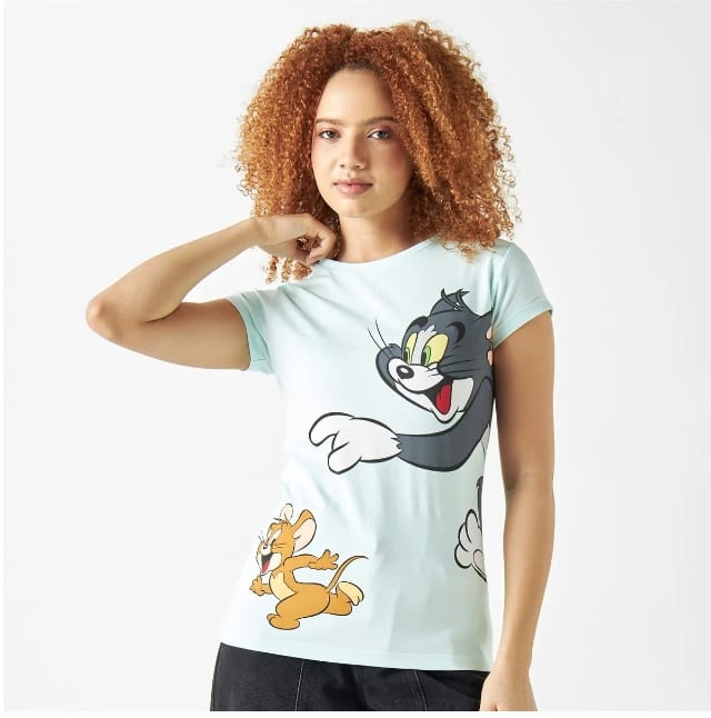 Women’s Cotton Splash Cartoon Graphic T-Shirt – Light Blue Short Sleeve Casual Top
