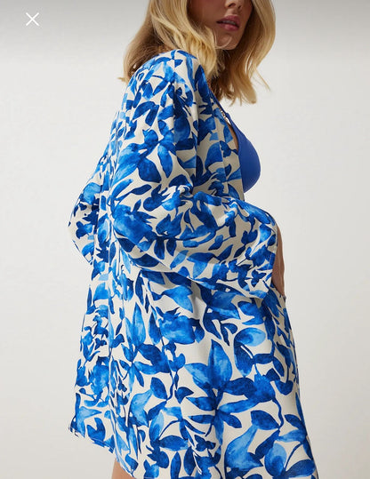Women’s Blue Floral Open Front Kimono – Trendyol Lightweight Long Sleeve Cardigan