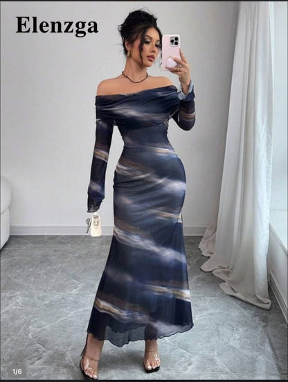 Elenzga Off-Shoulder Printed Mesh Maxi Dress – Blue Grey