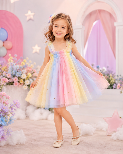 Girls Pastel Rainbow Tulle Dress with Star Print