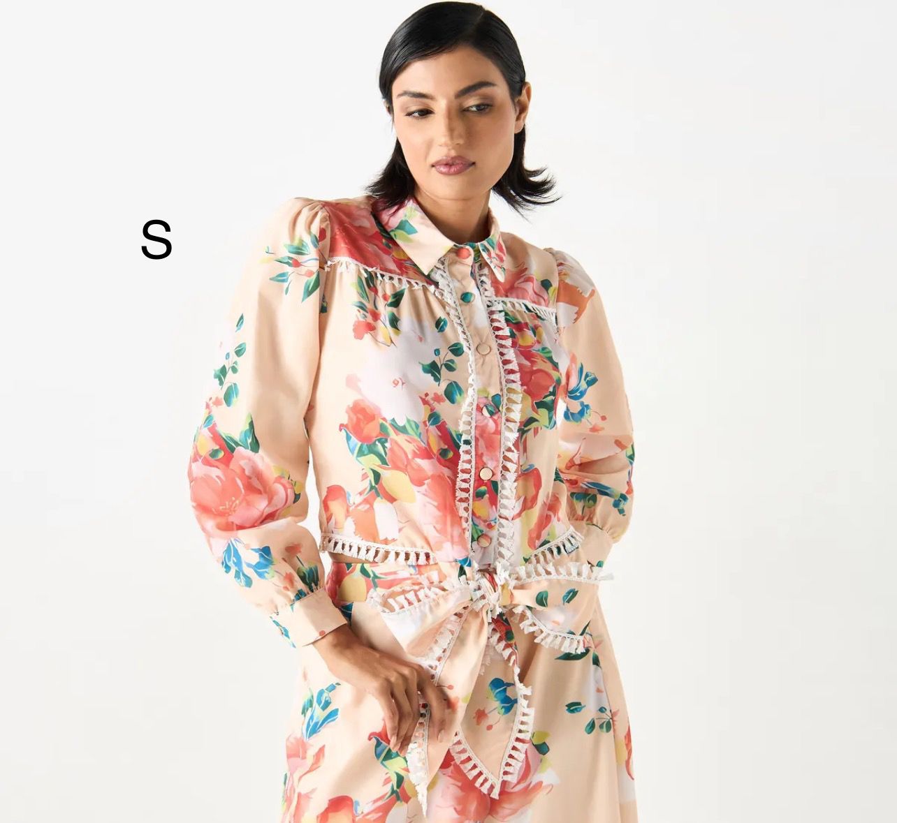 Women’s Floral Button Up Shirt – Peach Sheer Long Sleeve Tie Front Blouse