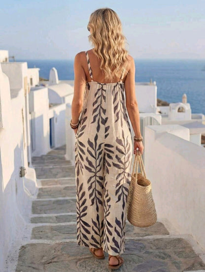 Faunlyn Tropical Leaf Print Wide-Leg Jumpsuit – Sleeveless Boho Vacation Summer Romper