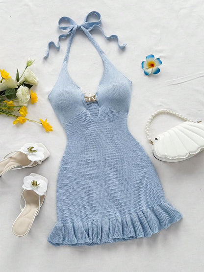 Light Blue Knit Halter Mini Dress with Ruffle Hem