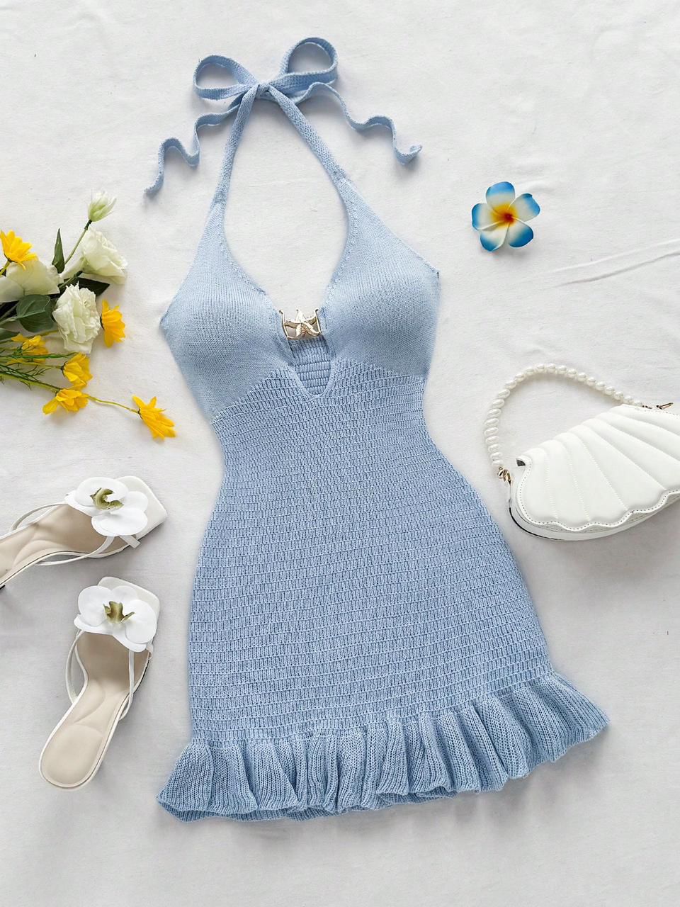Light Blue Knit Halter Mini Dress with Ruffle Hem