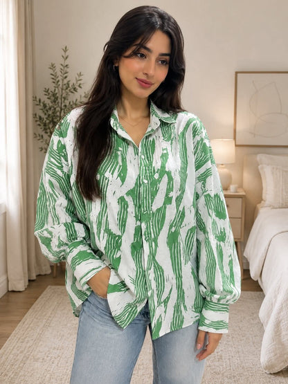 SHEIN Women’s Green Abstract Oversized Shirt – Long Sleeve Button-Up Blouse, SHEIN Fast Delivery in 5 Days