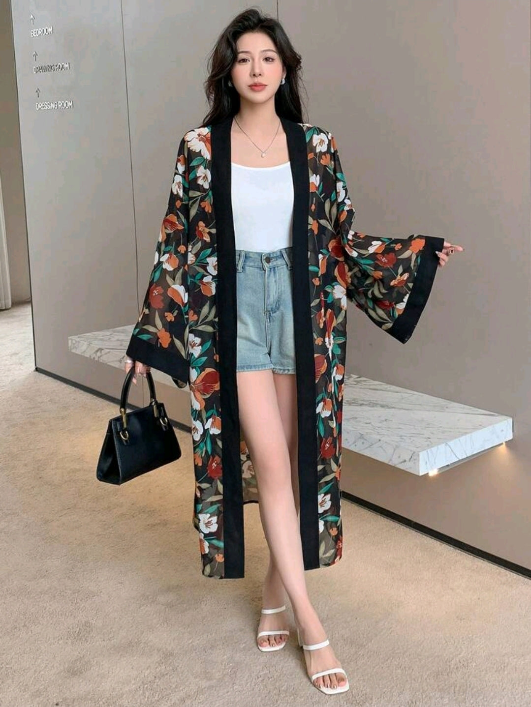 DAZY Black Floral Kimono Cover Up for Women – Long Open Front Cardigan – Bell Sleeve Lightweight Layering Piece