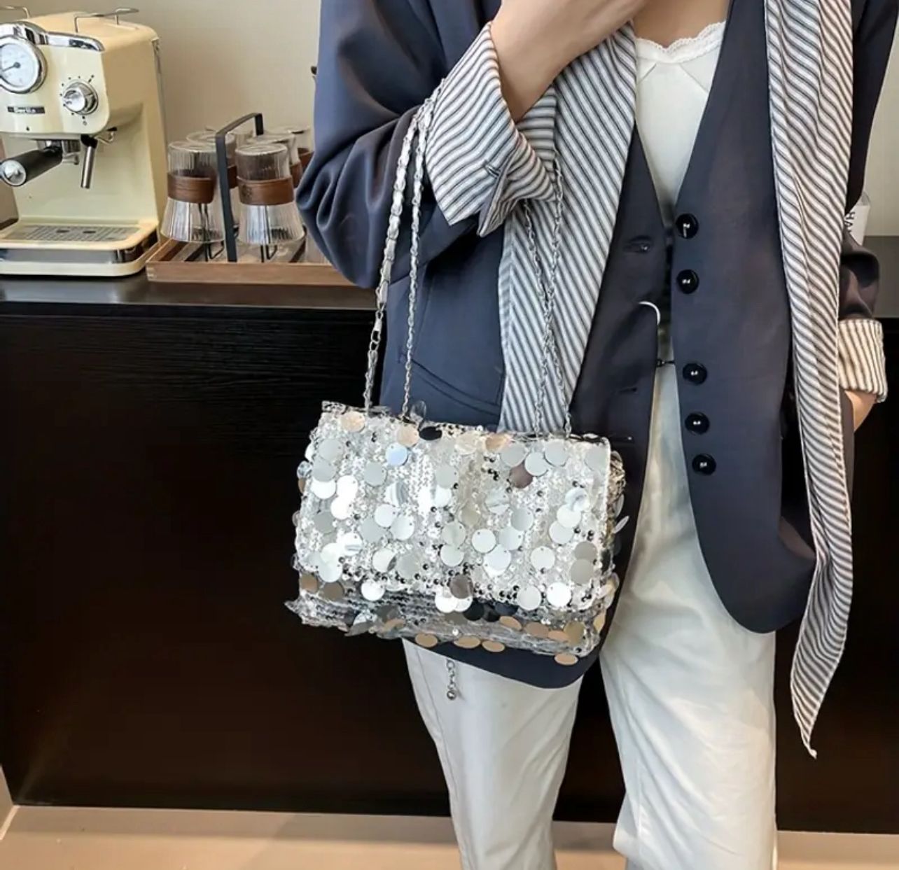 Silver Sequin Shoulder Bag, Sparkle Evening Handbag with Chain Strap