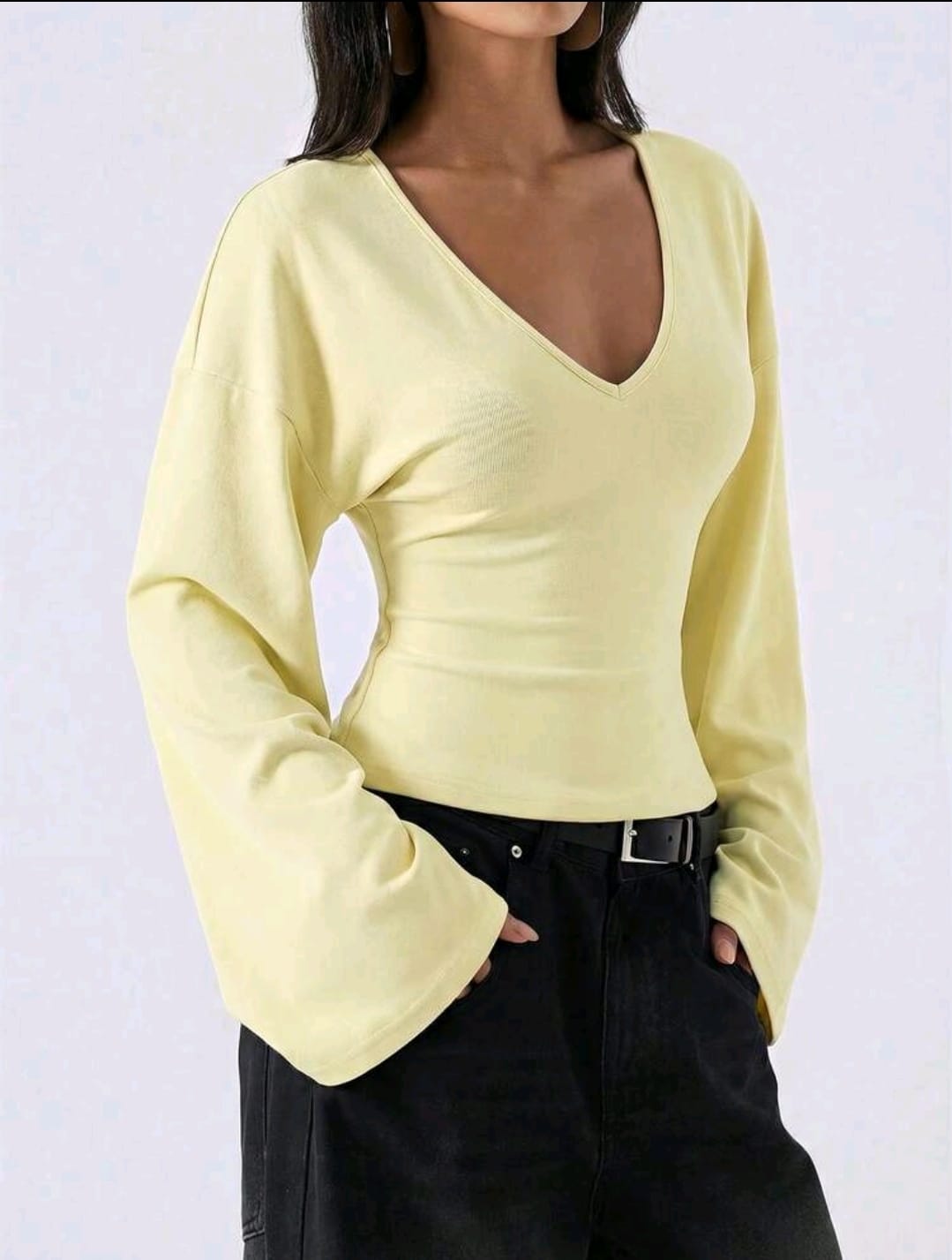 SHEIN Women Light Yellow V Neck Bell Sleeve Top