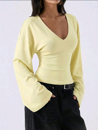 SHEIN Women Light Yellow V Neck Bell Sleeve Top