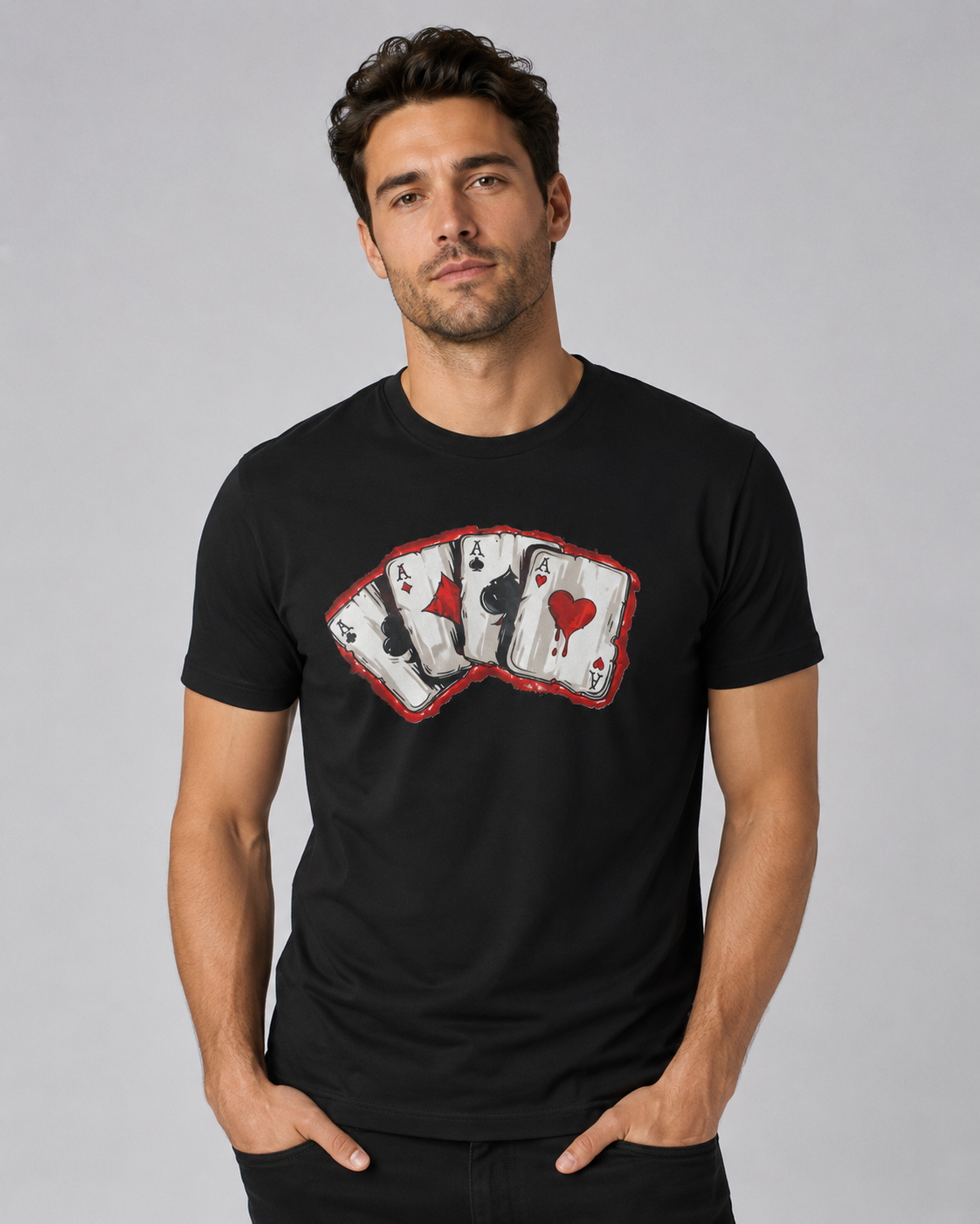 Men’s Black Playing Cards Graphic Cotton T-Shirt, Short Sleeve Casual Top