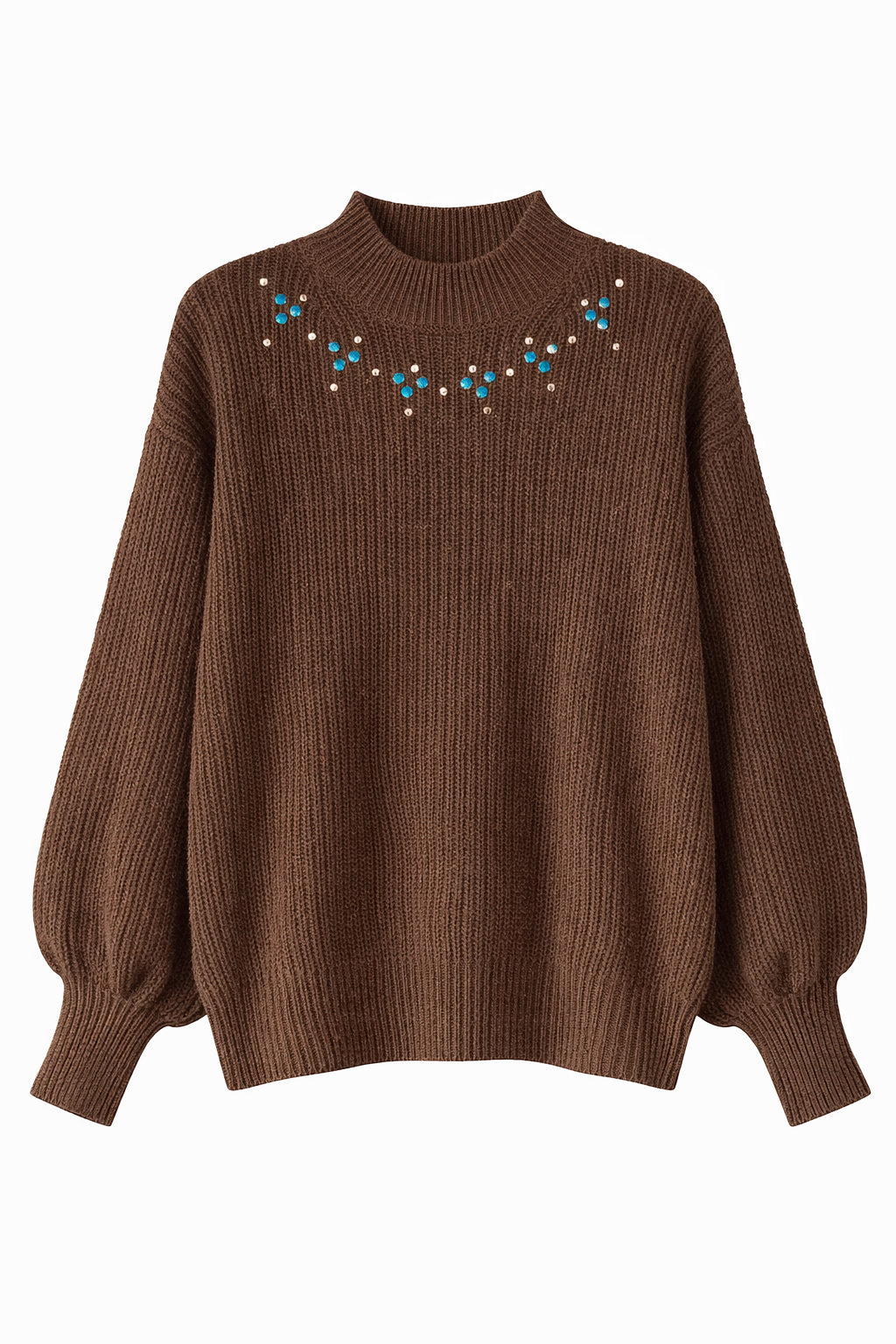 Women’s Ribbed Knit Sweater with Crystal Floral Neckline – Elegant Puff Sleeve Winter Pullover – Beige, Red & Brown