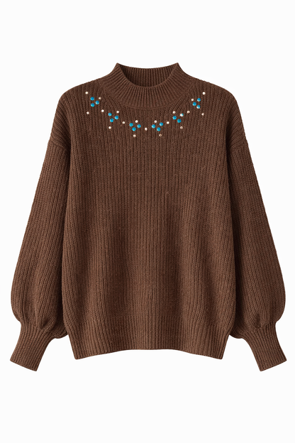 Women’s Ribbed Knit Sweater with Crystal Floral Neckline – Elegant Puff Sleeve Winter Pullover – Beige, Red & Brown
