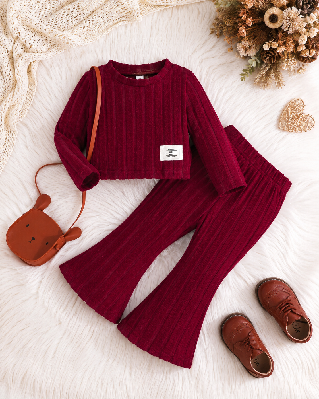 Girls’ Red Ribbed Two-Piece Flared Pants Set – SHEIN Fast Delivery in 5 Days