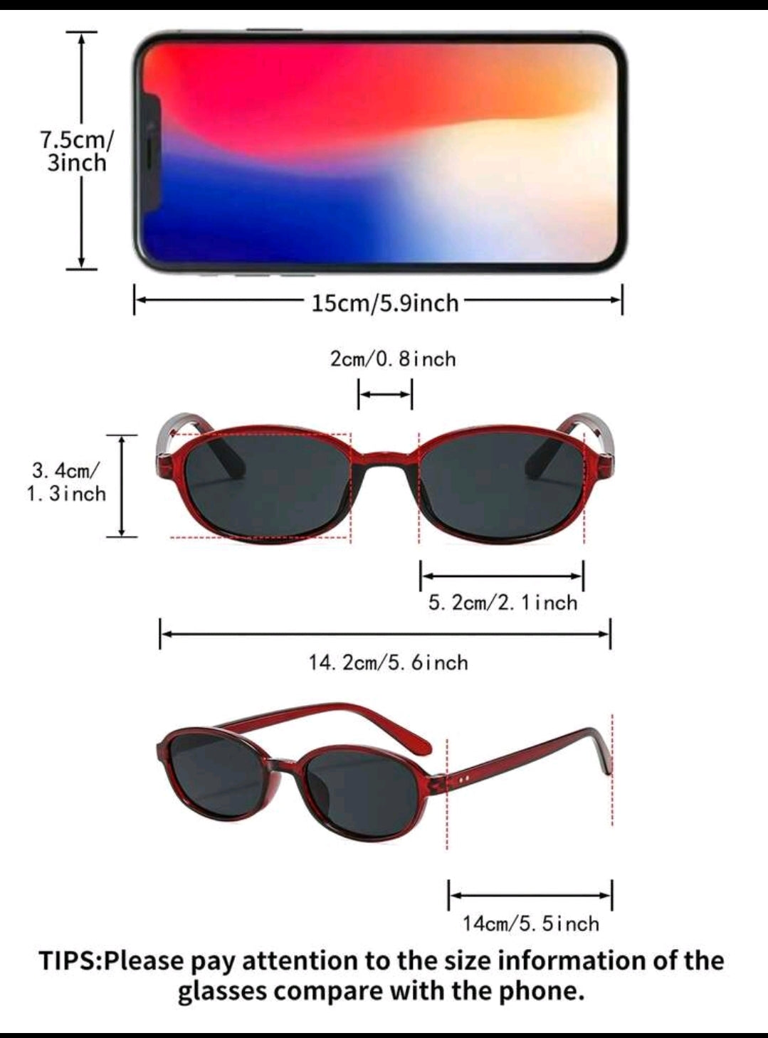 Red Oval Narrow Sunglasses for Women