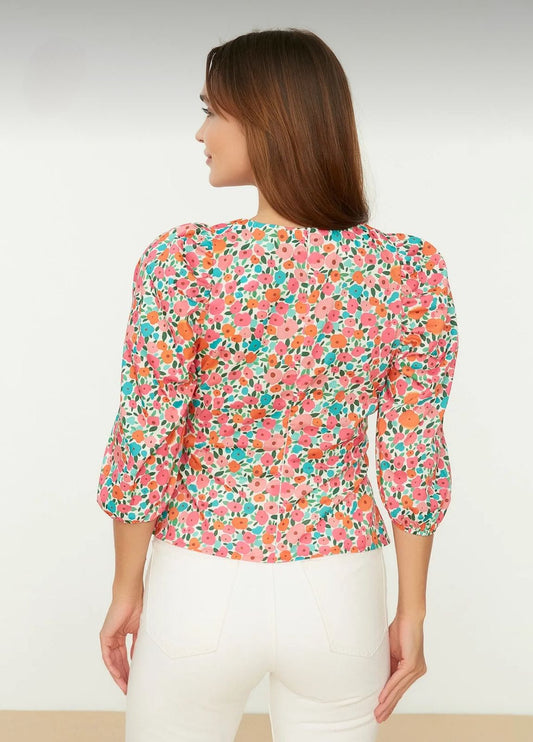 Women’s Multicolor Floral Puff Sleeve Blouse – Plus Size Friendly Casual Summer Top