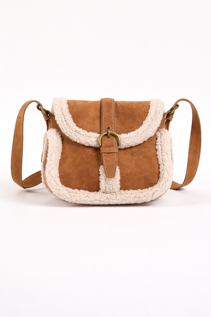 Women’s Brown Faux Suede Shearling Trim Crossbody Bag – Vintage Buckle Flap Shoulder Bag