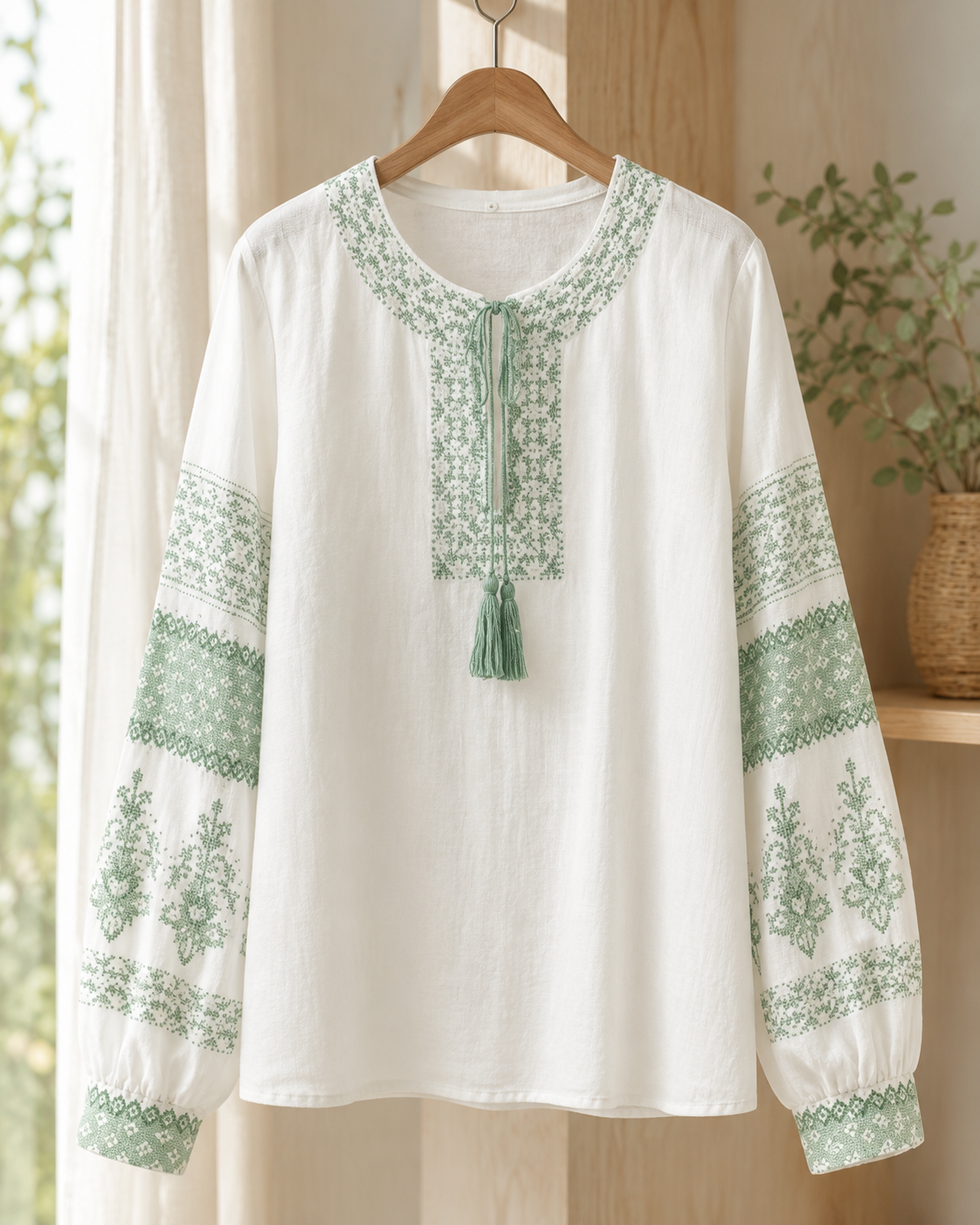 Women’s White Embroidered Tassel Neck Blouse