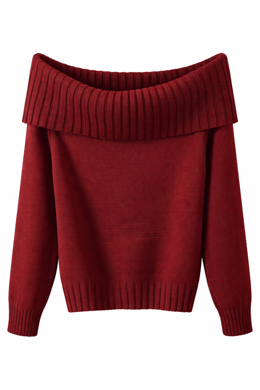 Burgundy Off-Shoulder Foldover Knit Sweater for Women – Elegant Ribbed Winter Pullover