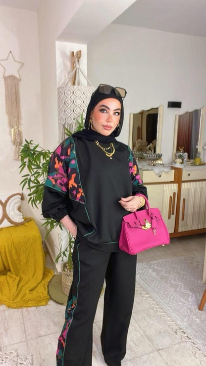 Modest Floral Trim Two Piece Set – Oversized Sweatshirt & Wide Leg Pants Outfit