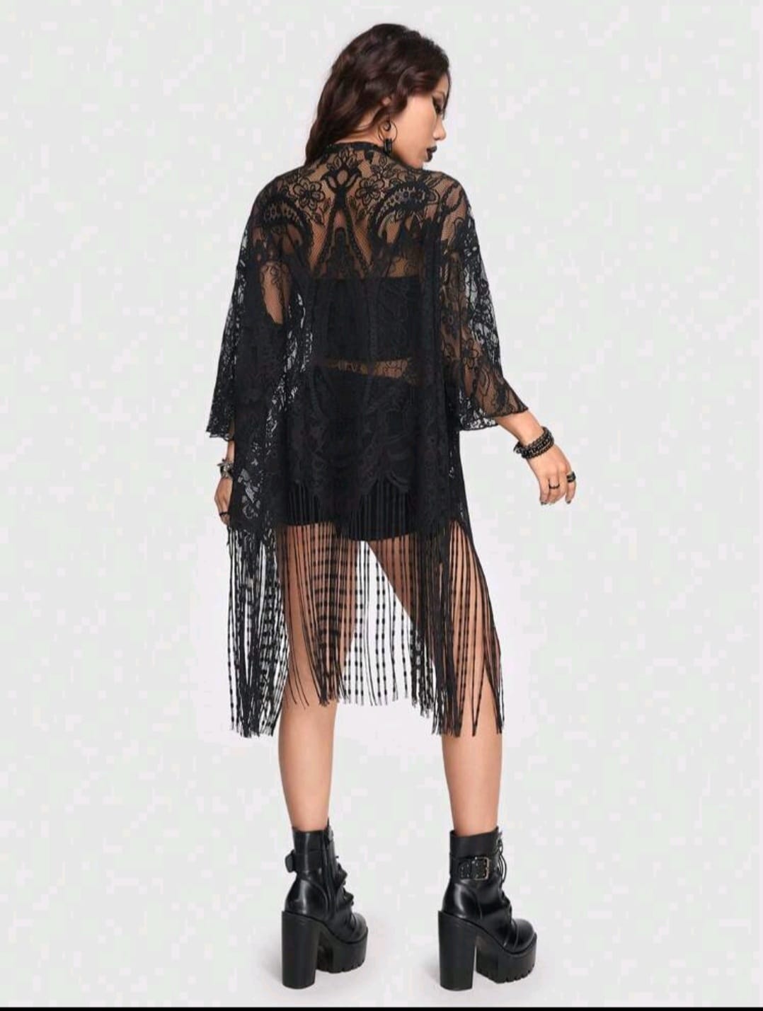 ROMWE Goth Black Sheer Lace Fringe Kimono Top for Women – Gothic Cover Up – Dramatic Festival Layering Piece