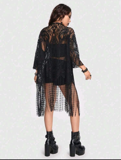 ROMWE Goth Black Sheer Lace Fringe Kimono Top for Women – Gothic Cover Up – Dramatic Festival Layering Piece