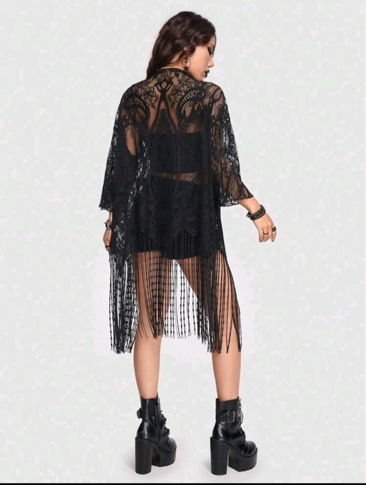 ROMWE Goth Black Sheer Lace Fringe Kimono Top for Women – Gothic Cover Up – Dramatic Festival Layering Piece