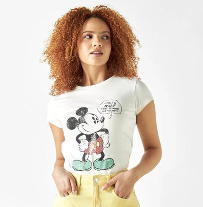 Women’s Splash Mickey Graphic T-Shirt – White Cotton Short Sleeve Casual Top