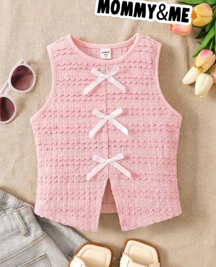 Girls Pink Textured Bow Front Sleeveless Top