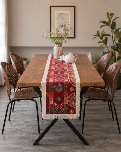Bohemian Red Geometric Tassel Table Runner